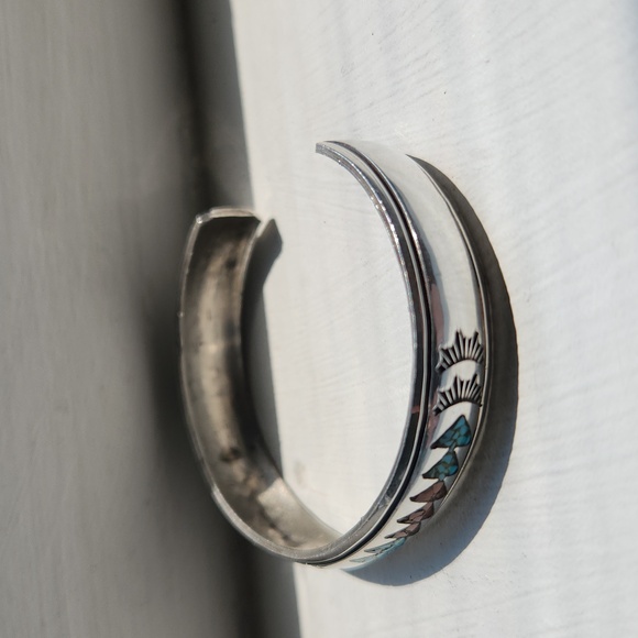 Vintage Nakai Silver Turquise and Coral Inlay Bracelet - Picture 11 of 12